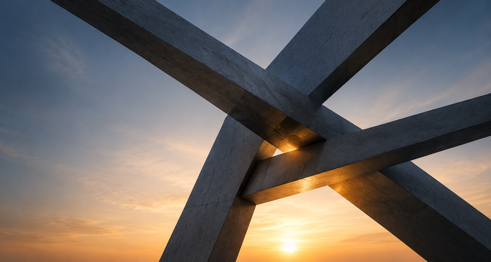 Interlocking architectural beams at sunrise, a metaphor for capability partnership